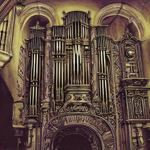 Image similar to tech noir pipe organ lp album art, intricate detail, mechanical, baroque oil painting by alan lee and jim burns, wild west architecture