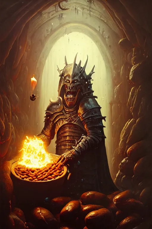 Image similar to hieronymus bosch, greg rutkowski, anna podedworna, painting of arthas menethil the lich king eating baked beans