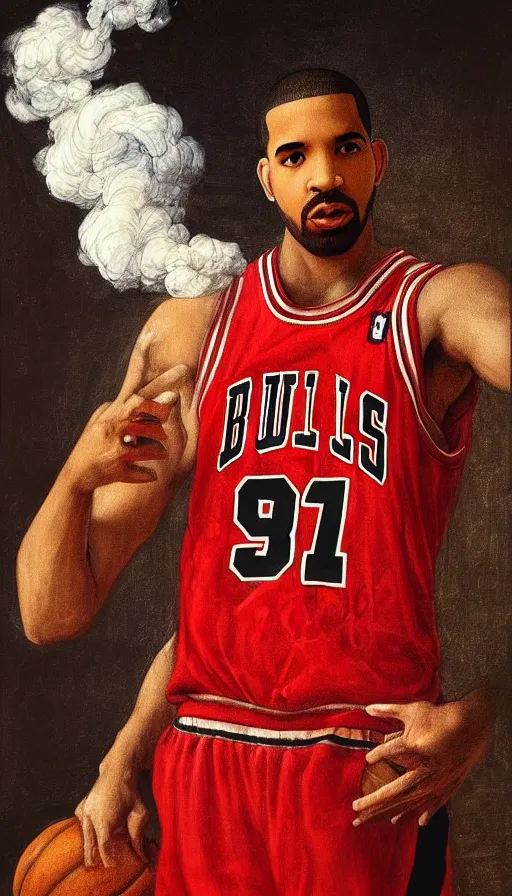 Prompt: drake wearing a chicago bulls jersey and smoking by leonardo da vinci, brown skin, classical painting, digital painting, romantic, vivid color, oil painting