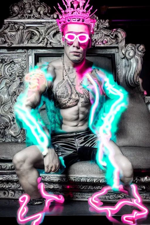 Prompt: full-body rococo and cyberpunk style neon statue of a muscular attractive Marc Anthony wearing cholo shades macho dotado e rico android sim roupa reclining con las piernas abertas e la piroca dura, ethereal white dripping tar, glowing orange lasers, pink tigers, glowing eyes, silver prince crown, black gears, pink diamonds, swirling mint-colored silk fabric. futuristic elements. full-length view. human skulls. large intricate artwork by caravaggio. Trending on artstation, octane render, cinematic lighting from the right, hyper realism, octane render, 8k, depth of field, 3D