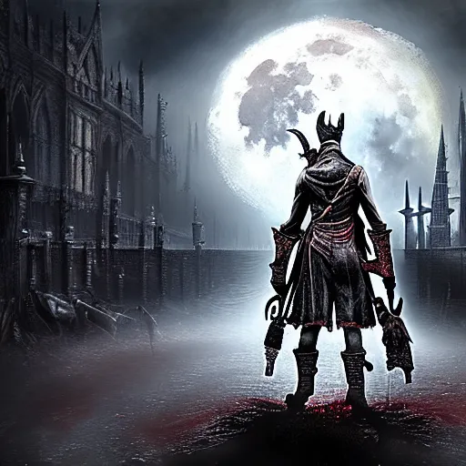 Image similar to bloodborne concept art, 4 k, painterly, large moon