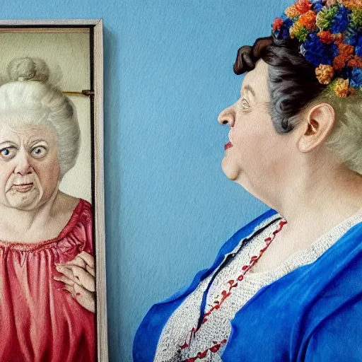 Image similar to a very funny stylize oil painting in renaissance style of a sweet fat old woman kissing her reflection. symmetry face, red mouth, blue eyes. flowery dress. hyper realistic scene. 3 d, octane render, deep focus, white scene. very funny and sweet image. unreal engine. watercolor. fellini style. poster quality. klee style.