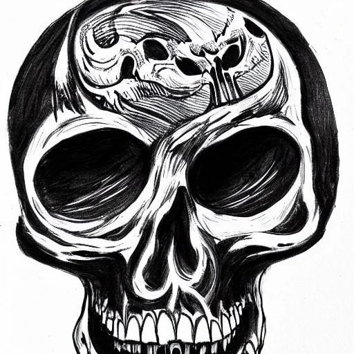 Prompt: burning skull outline, black ink on white paper