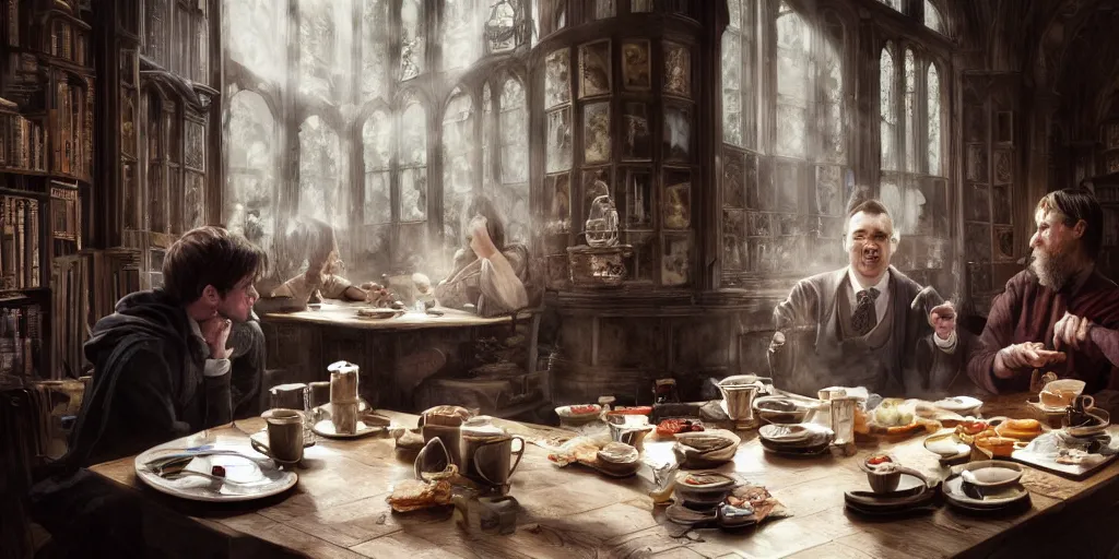 Prompt: an english man and a Chtulhuhaving breakfast in the morning, light coming through window, hitting on the table, they sat on a chair, in the style of harry potter, volumetric lighting, cinematic composition, 8K wallpaper, hypermaximalist, hyper realistic, super detailed, octane,illustration, art by Krenz Cushart, fantasy, intricate, elegant, highly detailed, digital painting, artstation, concept art, smooth, sharp focus, illustration