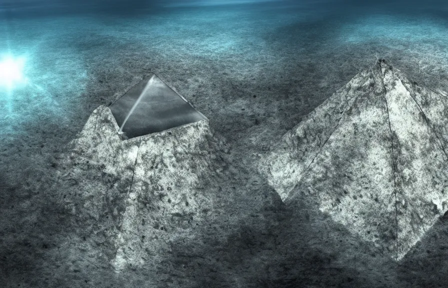 Image similar to a realistic cell - shaded cartoon showing a white pristine pyramid underwater at the bottom of the sea. shafts of sunlight come from above. wide shot, very dull muted colors, hd, 4 k, hq