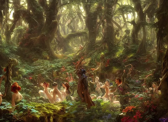 Prompt: an image of a beautiful mythical fantasy forest filled with dancing elves and fairies, by Stanley Artgerm Lau , greg rutkowski, thomas kindkade, alphonse mucha, loish, norman Rockwell