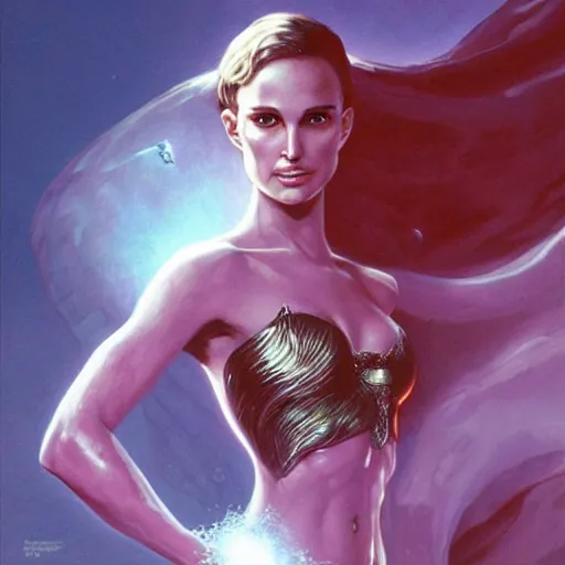 Image similar to natalie portman as a sorceress, artstation, boris vallejo, highly detailed