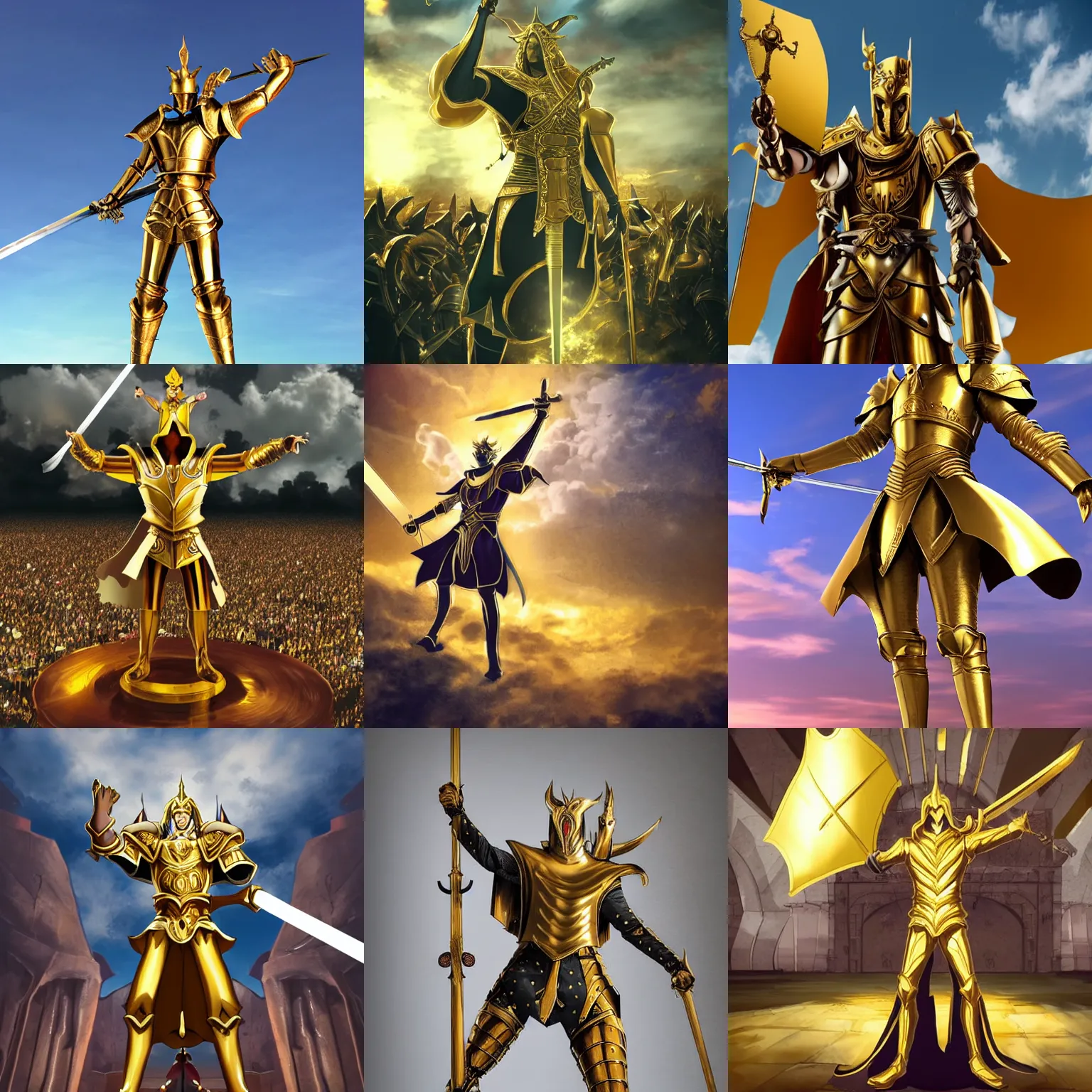 Prompt: full - body tall man in large golden armor raising his sword in the air, epic, anime - style