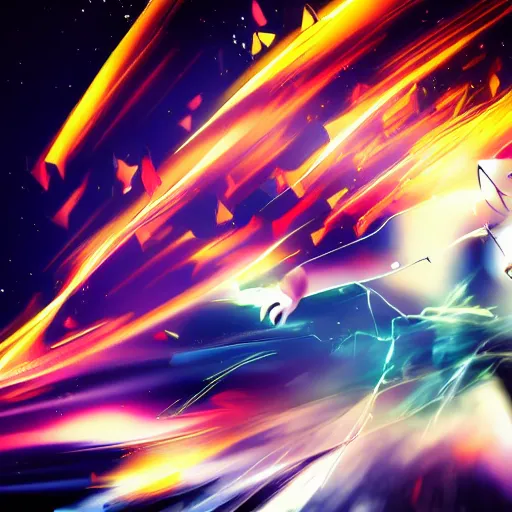 Image similar to man hitting the ground creating a explosion, anime, album cover, musical notes