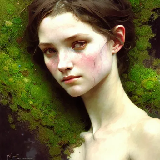 Image similar to A portrait of a girl covered in moss, face, intricate, elegant, highly detailed, digital painting, artstation, concept art, smooth, sharp focus, illustration, art by Krenz Cushart and Artem Demura and alphonse mucha