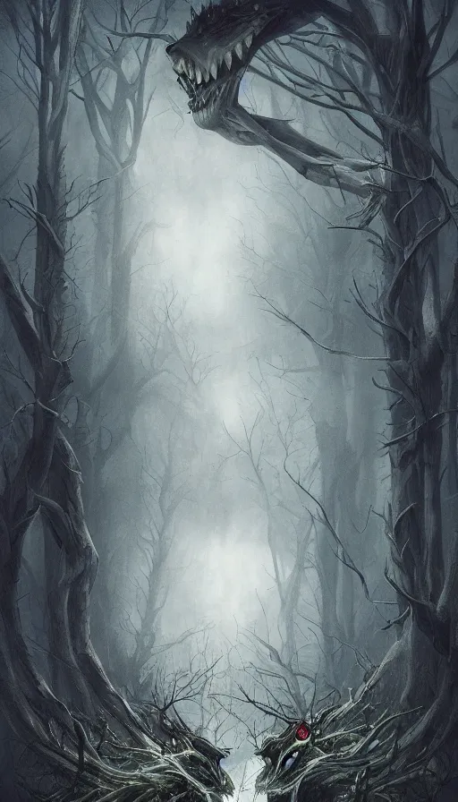 Prompt: a storm vortex made of many demonic eyes and teeth over a forest, by charlie bowater