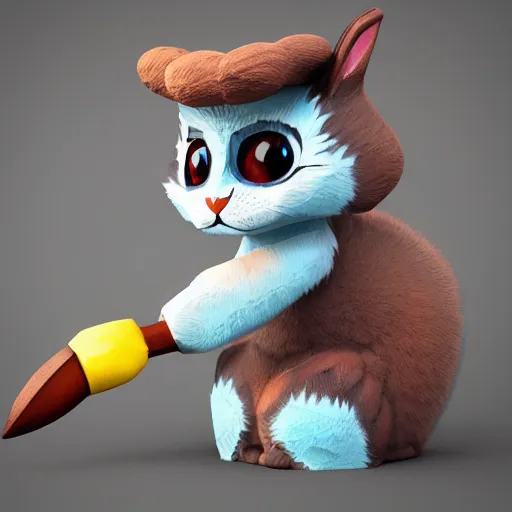 Image similar to a cute fluffy rabbit holding a flint knife slices through water, zbrush keyshot render, alebrijes aesthetic. rubberhose animation character style, toon render keyshot