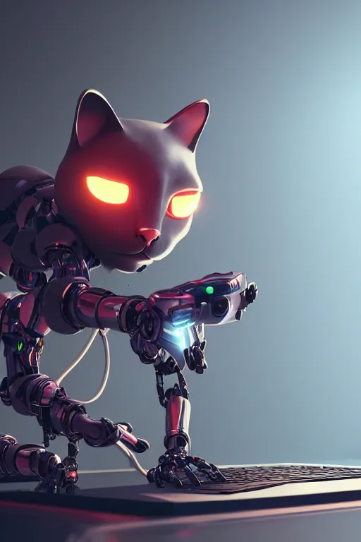 Prompt: portrait of a robotic cat eating a computer mouse. cinematic, cyberpunk, digital art, blender, octane render, volumetric lighting, 8 k, detailed, trending on artstation