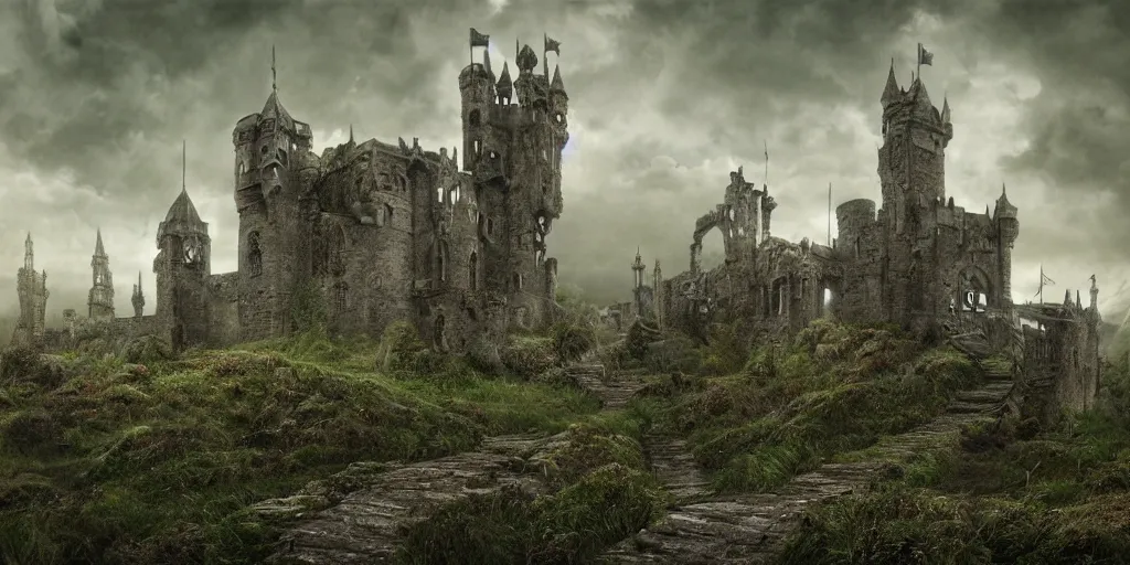 Image similar to matte painting, castle, dramatic landscape, overgrown, cinematic, overcast