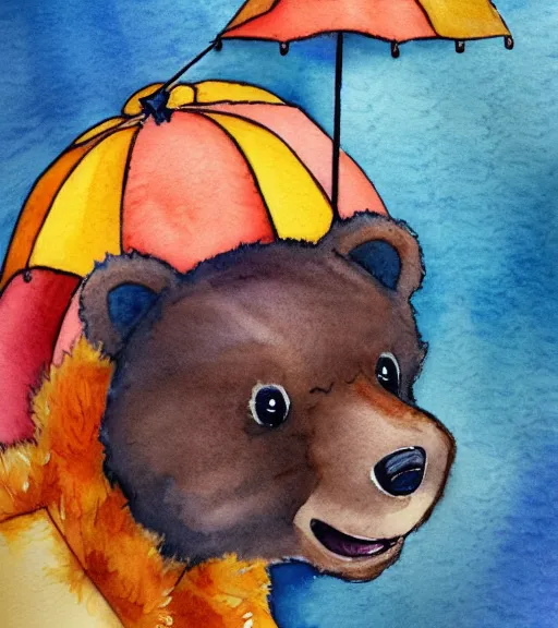 Image similar to autumn a bear with an umbrella cartoon watercolor trending on artstation