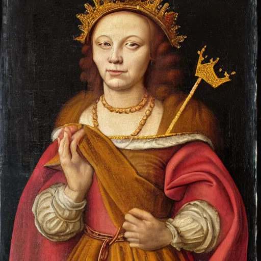 Image similar to a renaissance style portrait painting of a Lion, wearing a crown and cape, dark background