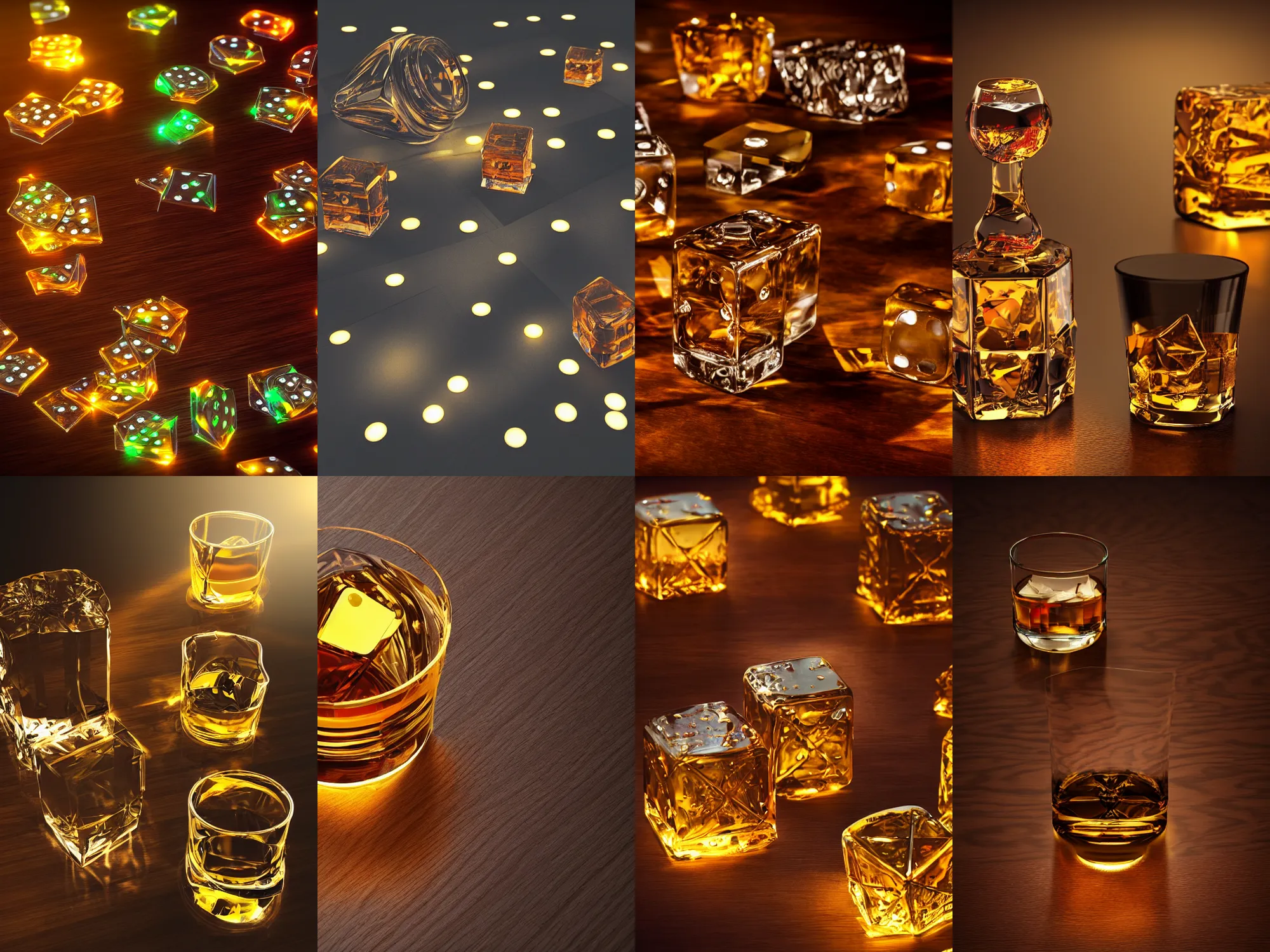 Prompt: dices from color glass with beateful caustics, whiskey in two glass on table, very dark, lots of dices everywere, night lights, 8 k realistic, hyperdetailed, beautiful lighting, detailed background, volume lights, rays of light, smoke, dof, macro, corona render, redshift render, warm color, wood