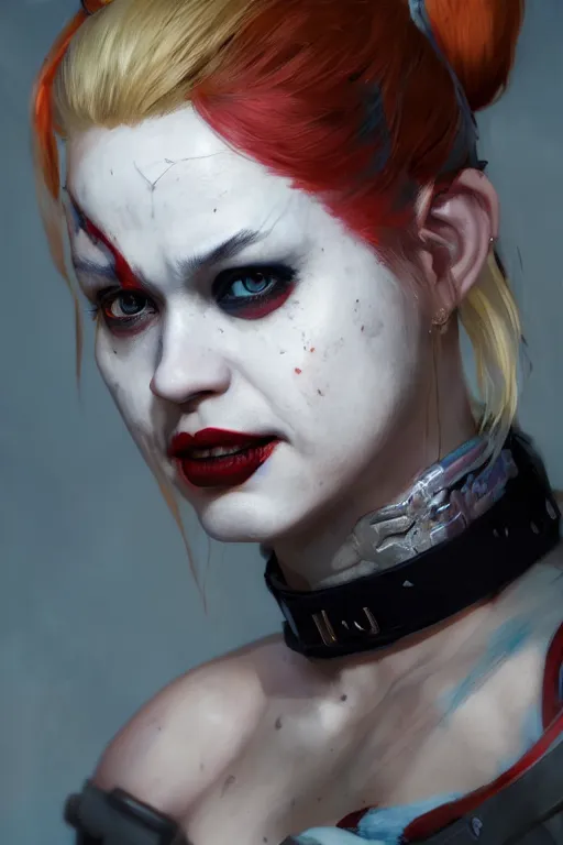 Image similar to a portrait of Harley Quinn by Greg Rutkowski, Sung Choi, Mitchell Mohrhauser, Maciej Kuciara, Johnson Ting, Maxim Verehin, Peter Konig, final fantasy , mythical, 8k photorealistic, cinematic lighting, HD, high details, atmospheric,