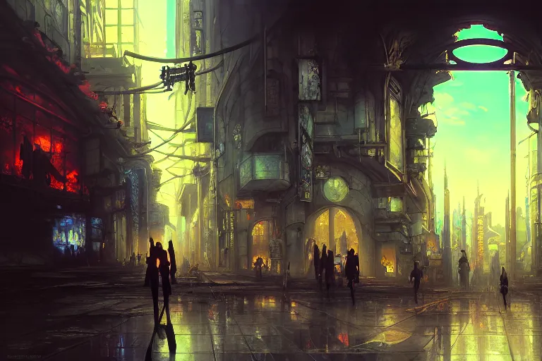 Image similar to baroque oil painting of anime key visual environment concept art of the gates of hell in the middle of a cyberpunk city, brutalist, dark fantasy, rule of thirds, digital cel shading, fake hidden detail, trending on pixiv fanbox, acrylic palette knife and brush, style of makoto shinkai studio ghibli jamie wyeth james gilleard greg rutkowski