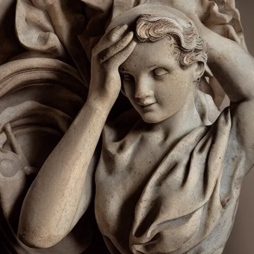 Prompt: marble statue close-up of Rosie the Riveter by Michelangelo, intricate details, soft lighting