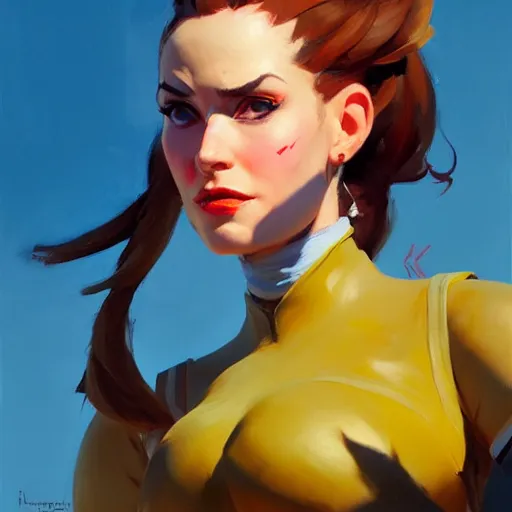 Image similar to greg manchess portrait painting of abigale shapiro as overwatch character, medium shot, asymmetrical, profile picture, organic painting, sunny day, matte painting, bold shapes, hard edges, street art, trending on artstation, by huang guangjian and gil elvgren and sachin teng