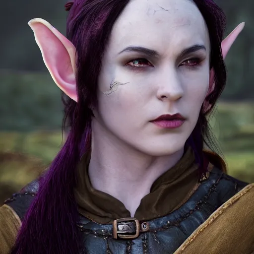 Image similar to anya charlota as a medieval fantasy tolkien elf, dark purplish hair tucked behind ears, wearing leather with a fur lined collar, wide, muscular build, scar across the nose, one black, scaled arm, cinematic, character art, real life, 8 k, detailed.