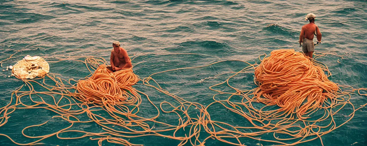 Prompt: spaghetti floating on the surface of the ocean, fisherman in the background, small details, intricate, sharply focused, canon 5 0 mm, wes anderson film, kodachrome