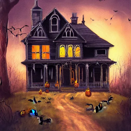 Image similar to A painting of a haunted house with Halloween decorations, Trending on artstation.