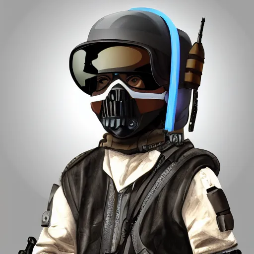 Image similar to futuristic rebel wearing black helmet, brown cloak, technical vest, and a radio backpack, photorealistic, digital art