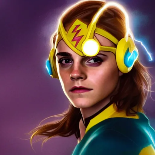 Image similar to beautiful Emma Watson as Kid Flash with lightning bolt headset, western, closeup, D&D, fantasy, intricate, elegant, highly detailed, digital painting, artstation, concept art, matte, sharp focus, illustration, art by Artgerm and Greg Rutkowski and Alphonse Mucha