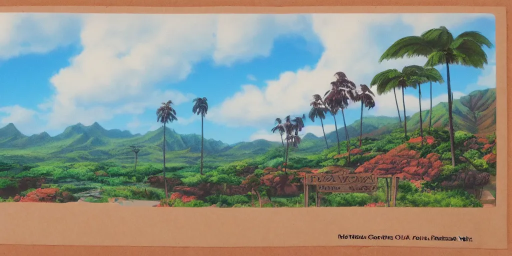 Image similar to background plate matte painting ghibli pixar dreamworks vista hawaii.