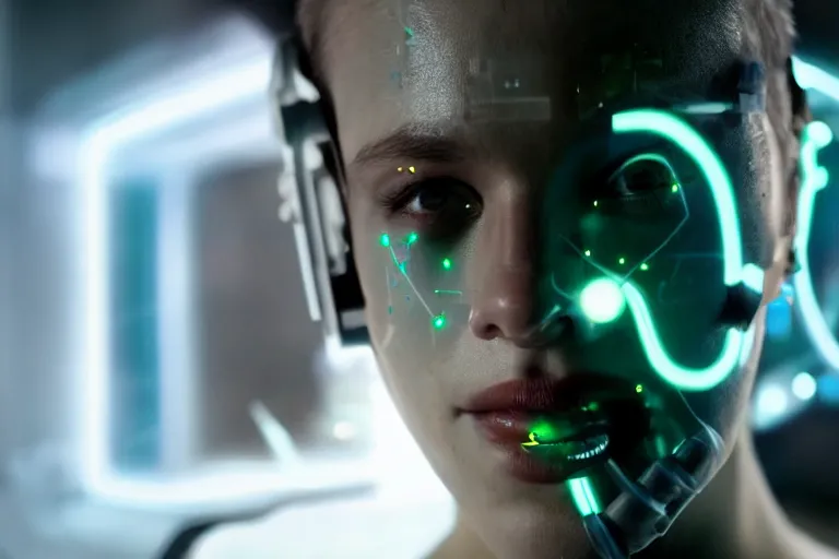 Image similar to VFX movie of a cyborg hacker closeup portrait in high tech compound, beautiful natural skin neon lighting by Emmanuel Lubezki