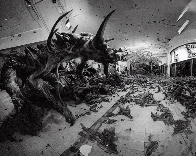 Prompt: camera footage of a Hundreds of Rabid Zerg in an abandoned shopping mall, high exposure, dark, monochrome, camera, grainy, CCTV, security camera footage, timestamp, zoomed in, fish-eye lens, Evil, Zerg, Brood Spreading, horrifying, lunging at camera :4