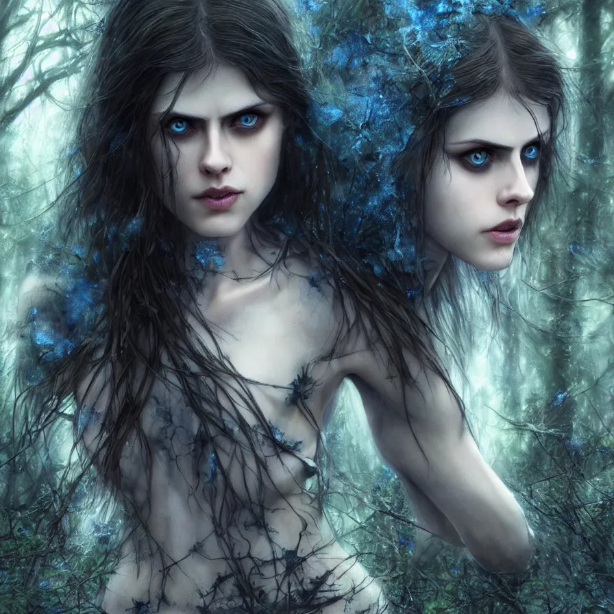 Image similar to photo of a gorgeous nordic female, covered in blue blood, in a dark forest, alexandra daddario face!, realistic, sharp focus, 8 k high definition, insanely detailed, intricate, elegant, art by stanley lau and artgerm, luis royo, greg kutkowski