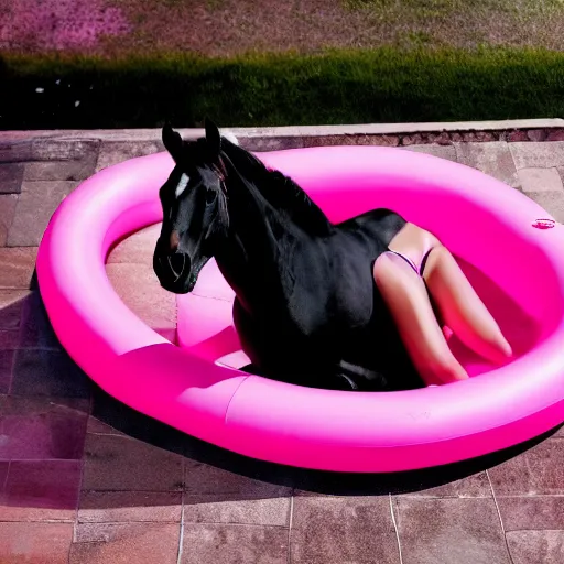 Prompt: a black horse taking a nap on a pink pool float hyperrealistic 4k 35mm fashion photography vogue magazine photoshoot