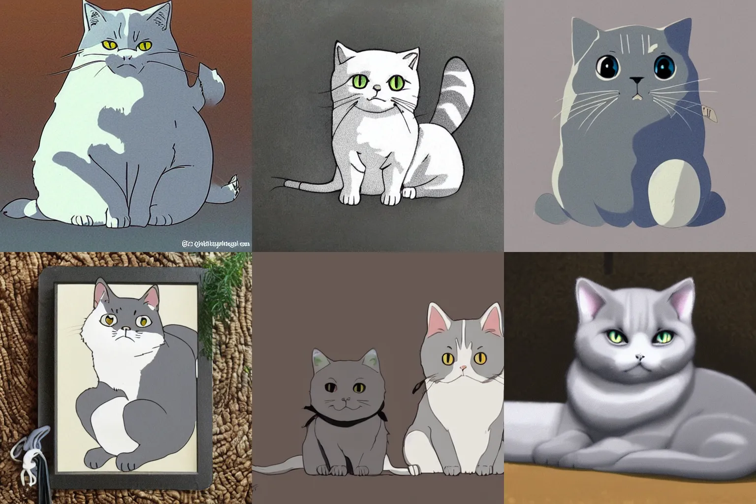 Prompt: grey and white British Shorthair in the style of studio Ghibli