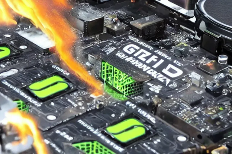 Prompt: an Nvidia GeForce RTX 3090 GPU that has caught on fire, GeForce RTX 3090 on fire, nvidia promotional image