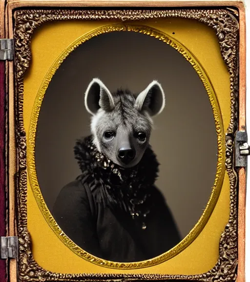 Image similar to professional studio photo portrait of anthro anthropomorphic spotted hyena head animal person fursona wearing elaborate pompous royal robes clothes by Louis Daguerre daguerreotype tintype