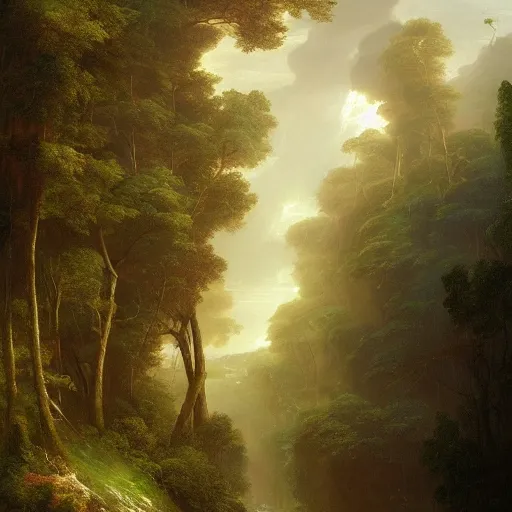 Image similar to gondola meme stands looking out at a peaceful morning forest after a rainstorm, gondola meme, forest, artstation, by thomas cole