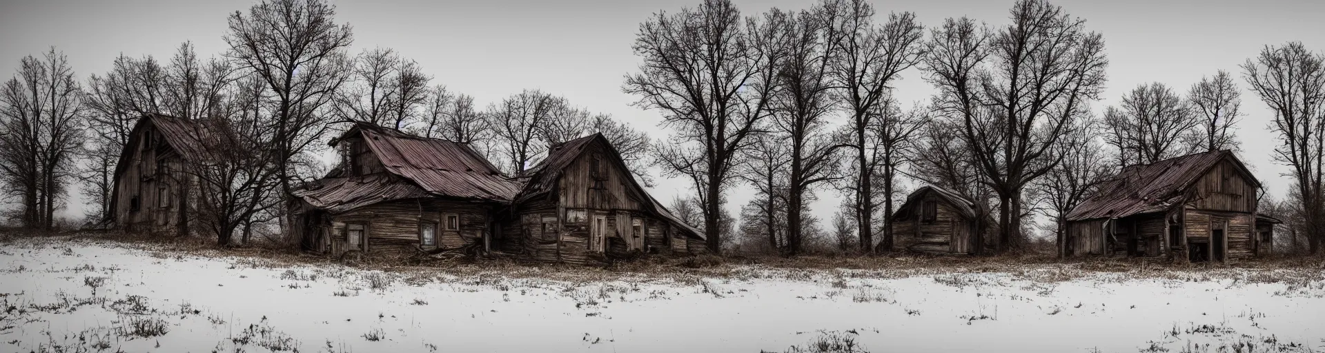 Prompt: landscape, dead nature, eastern european house, farm, abandoned, lifeless, winter, mud, atmospheric, mystical, very detailed 4 k