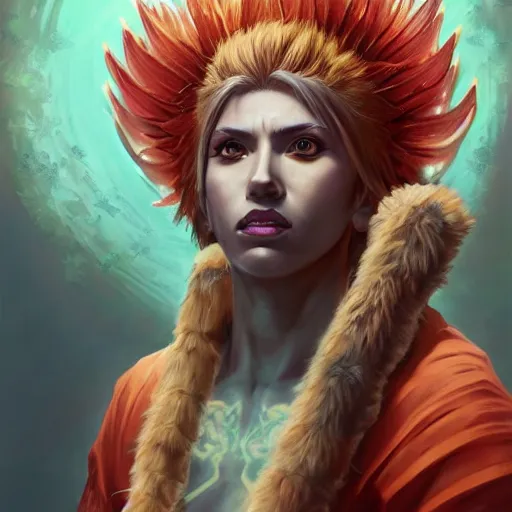 Image similar to anime portrait of Scarler Johansson as a shaman yedi using dark force to eliminate trump as an anime antagonist by Stanley Artgerm Lau, WLOP, Rossdraws, James Jean, Andrei Riabovitchev, Marc Simonetti, and Sakimichan, trending on artstation