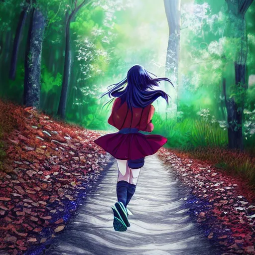 Image similar to A happy anime girl skipping down a path in a forest, anime shading, digital art, hyper-realistic