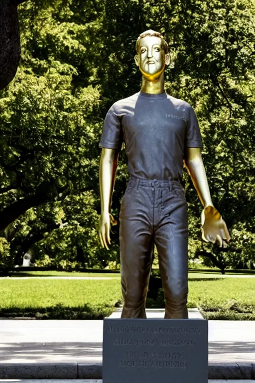 Image similar to A beautiful gold statue of Mark Zuckerberg in front of the White House, photo by Steve McCurry, heroic pose, detailed, smooth, smiling, professional photographer