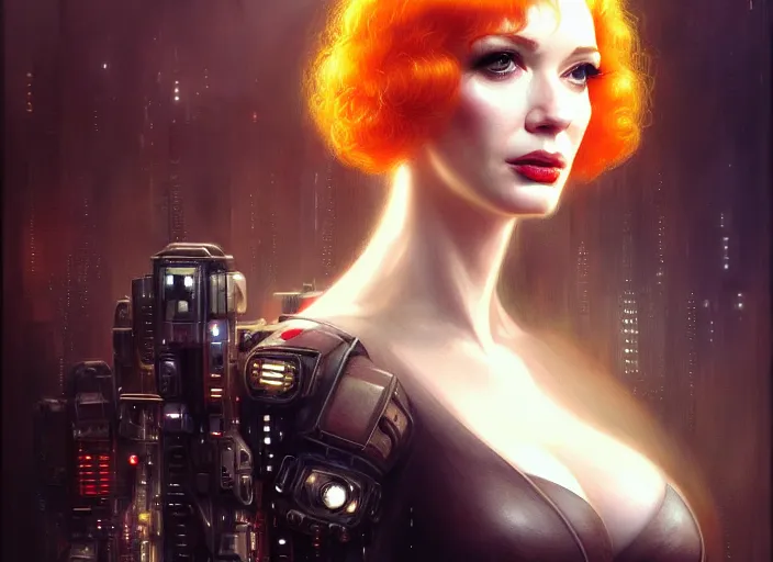 Image similar to portrait shot of christina hendricks in bladerunner wearin a cyberpunk costume, intricate, elegant, highly detailed, centered, digital painting, artstation, concept art, smooth, sharp focus, illustration, artgerm, tomasz alen kopera, peter mohrbacher, donato giancola, joseph christian leyendecker, wlop, boris vallejo