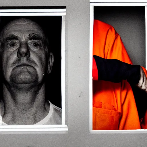 Image similar to donald trump dressed in orange prison uniform in a prison cell, jail bars, framing - medium shot, natural light failing on his face, by terry richardson