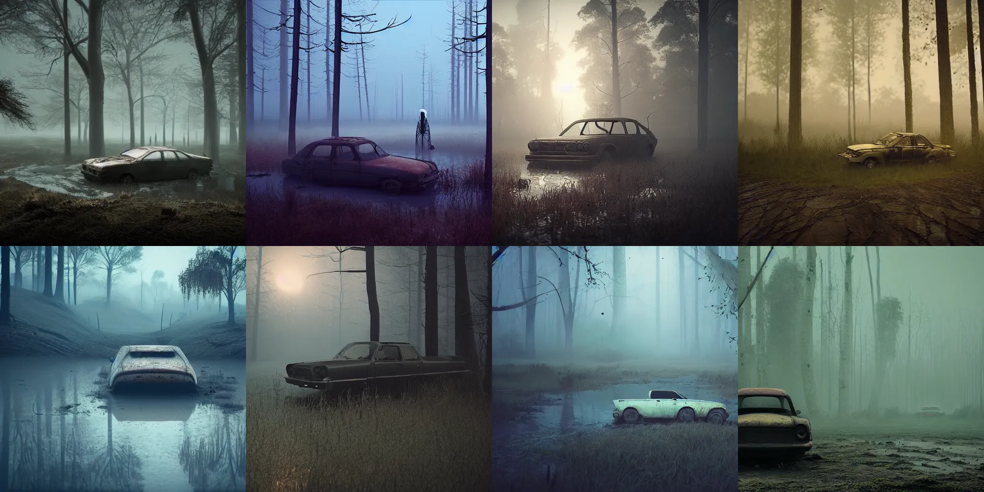 Image similar to beautiful dark creepy foggy swamp landscape, old abandoned car sinking, in the style of beeple and Mike Winkelmann, intricate, epic lighting, cinematic composition, hyper realistic, 8k resolution, unreal engine 5,