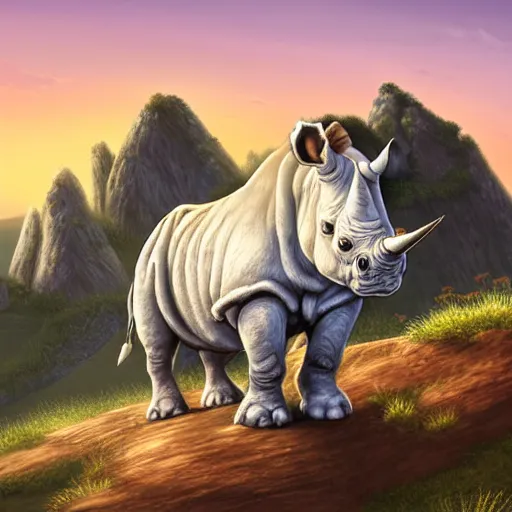 Image similar to digital painting of a fuzzy, white rhinoceros posing triumphantly on a craggy rock promontory at sunrise, highly detailed, painted in the style of sam nielson, world of warcraft art