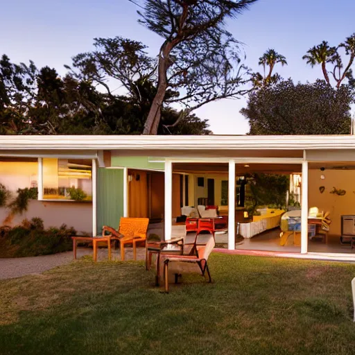 Image similar to a mid-century Eichler Home on the beach at sunset in the style of sunset magazine and dwell magazine. Highly detailed, photorealistic, 8k 35mm, award winning architecture photography