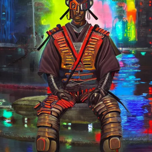 Prompt: an extremely detailed oil painting of a cyborg samurai, sitting infront of a neon river. 4 k. colorful.