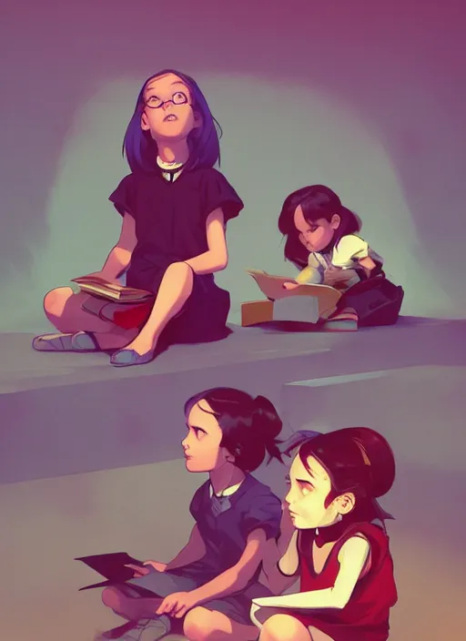 Prompt: children sitting in class looking all exactly the same, in the style of artgerm, gerald brom, atey ghailan and mike mignola, vibrant colors and hard shadows and strong rim light, plain background, comic cover art, trending on artstation